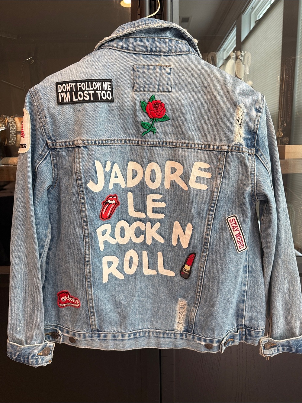 Vintage Forever 21 distressed denim jacket with custom patches, Small
